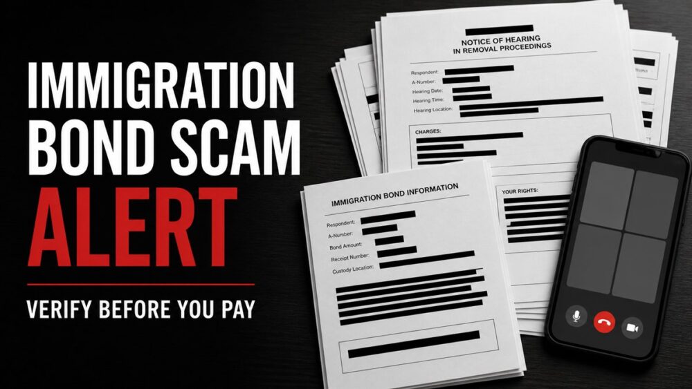 Immigration bond scam warning about fake immigration court hearing notices.