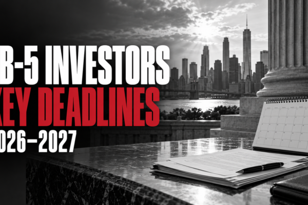 EB-5 investors: key deadlines for 2026 and 2027, with a city skyline, courthouse column, and desk calendar.