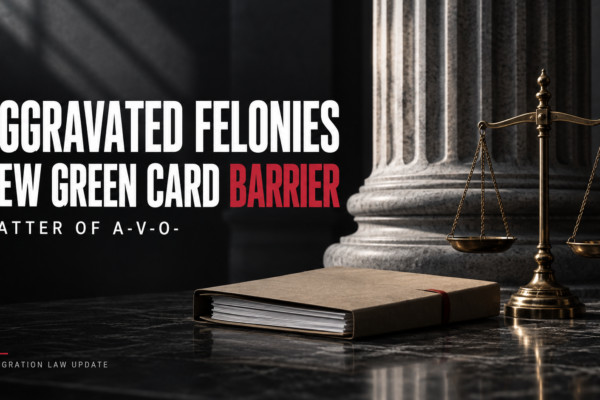 Scales of justice and a courthouse column beside the headline Aggravated Felonies: New Green Card Barrier, Matter of A-V-O-.