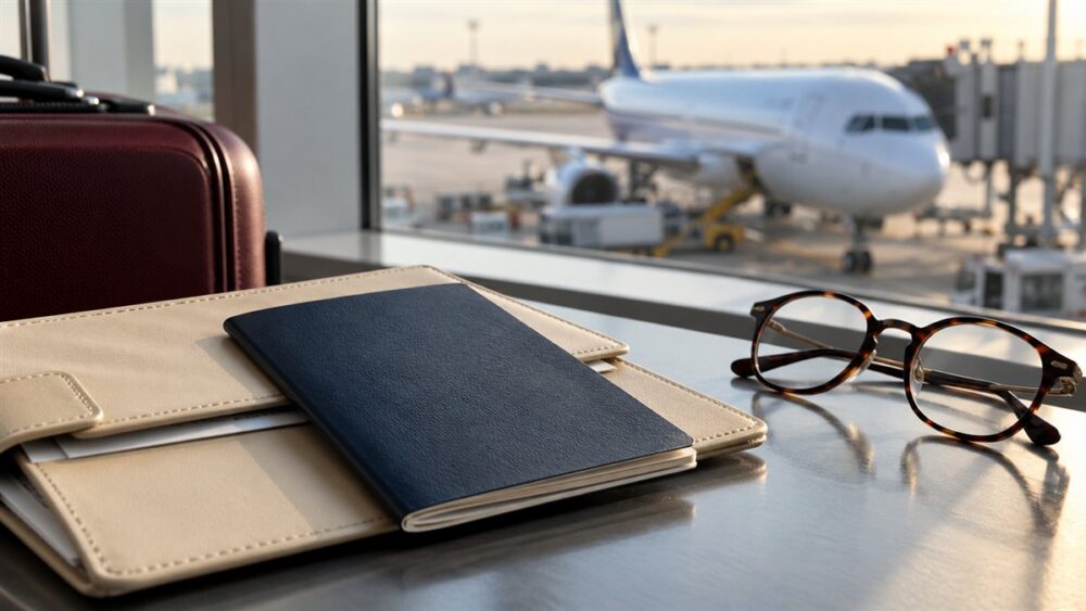 Generic passport and travel folder at an airport illustrating advance parole travel planning