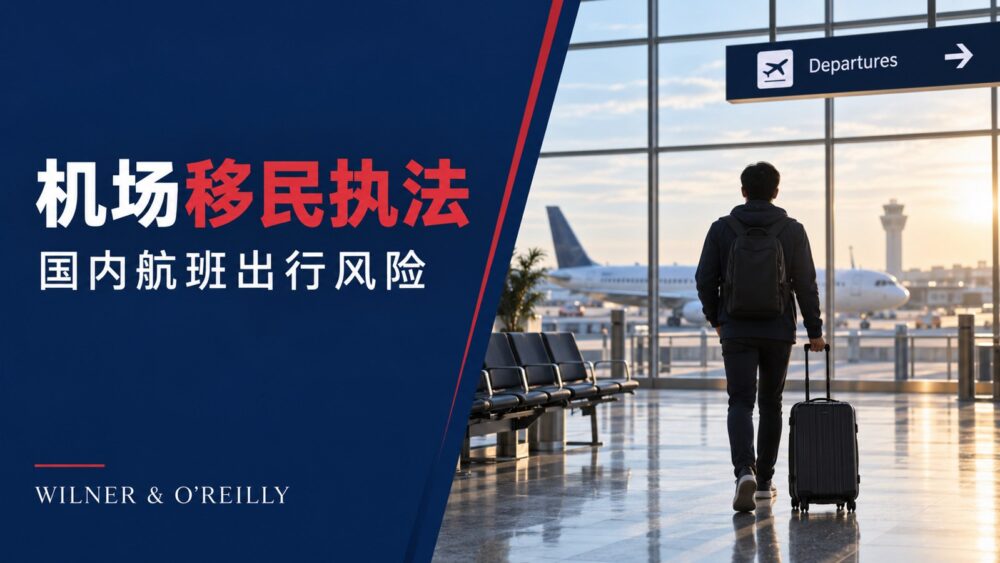 机场移民执法与国内航班出行风险示意图：旅客携行李走向机场候机区。