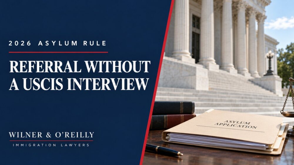 2026 asylum rule: referral without a USCIS interview, with an application folder and courthouse