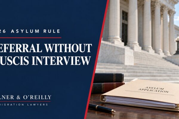 2026 asylum rule: referral without a USCIS interview, with an application folder and courthouse