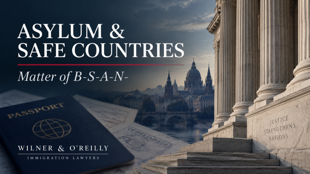 Courthouse columns and legal documents illustrate the BIA safe-country asylum decision in Matter of B-S-A-N-.