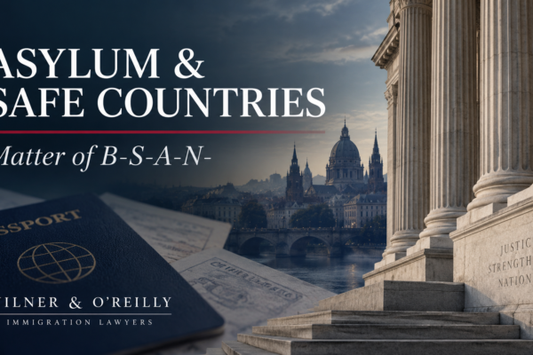 Courthouse columns and legal documents illustrate the BIA safe-country asylum decision in Matter of B-S-A-N-.