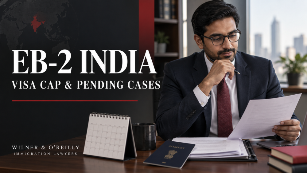 EB-2 India visa cap and pending cases, with an immigration paperwork and calendar illustration