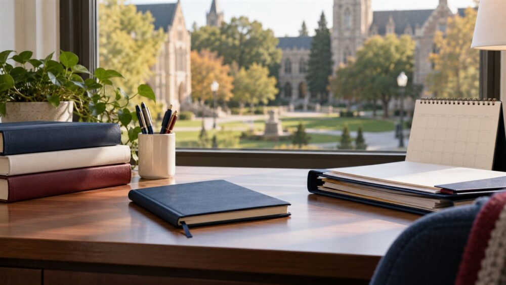 Academic documents, books, and a calendar on a student desk illustrating F-1 reinstatement planning