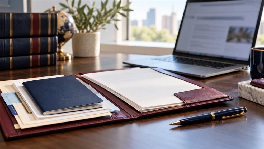 Organized identity-document folder and laptop on a desk illustrating review of Form G-325R registration requirements