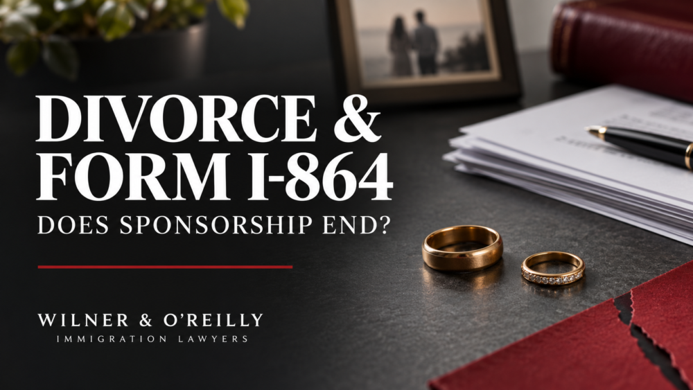 Divorce and Form I-864 sponsorship obligations, with wedding rings and legal paperwork