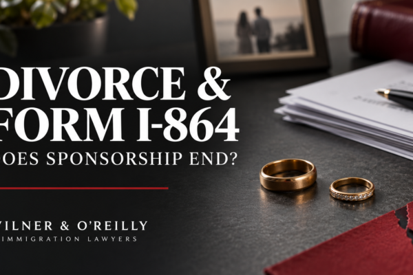 Divorce and Form I-864 sponsorship obligations, with wedding rings and legal paperwork