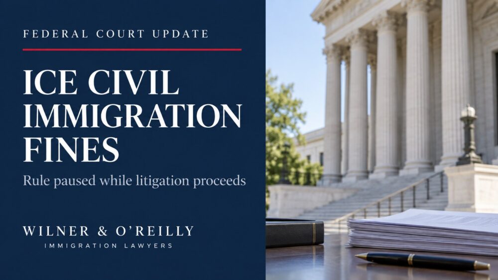 Federal court update on ICE civil immigration fines, with courthouse columns and legal papers.