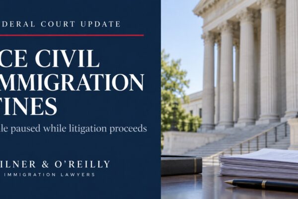 Federal court update on ICE civil immigration fines, with courthouse columns and legal papers.