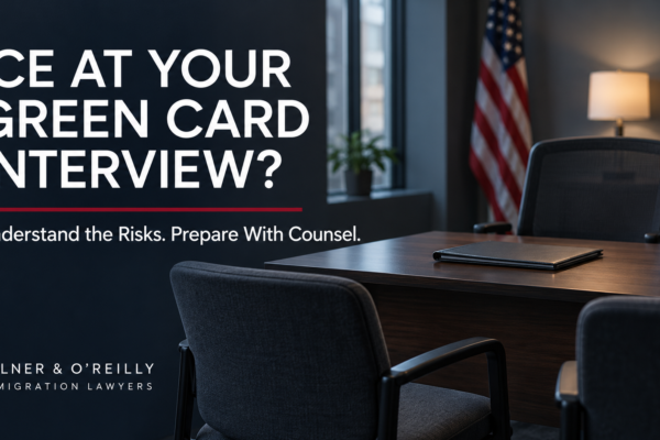 Empty immigration interview office with the headline ICE at Your Green Card Interview? and guidance to prepare with counsel.