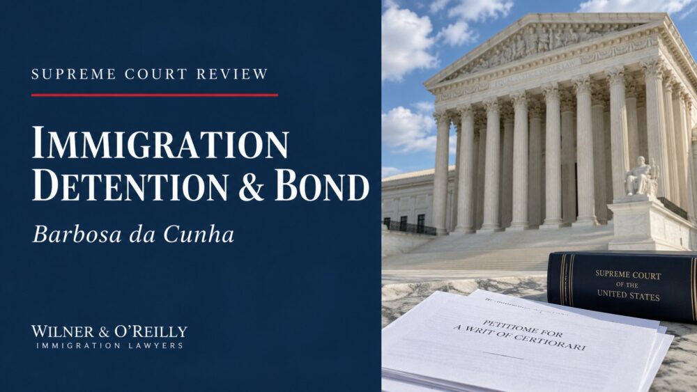 Supreme Court review of immigration detention and bond in Barbosa da Cunha, with courthouse columns and legal briefs.