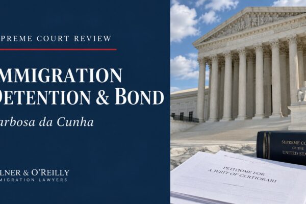 Supreme Court review of immigration detention and bond in Barbosa da Cunha, with courthouse columns and legal briefs.