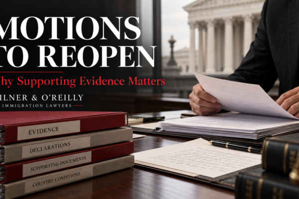 Evidence folders and a declaration on a legal desk illustrating motions to reopen immigration cases