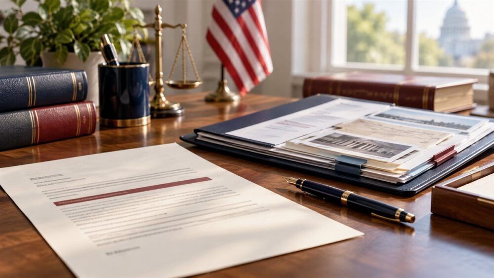 Letter, evidence folder, and pen on a legal desk illustrating review of a naturalization denial