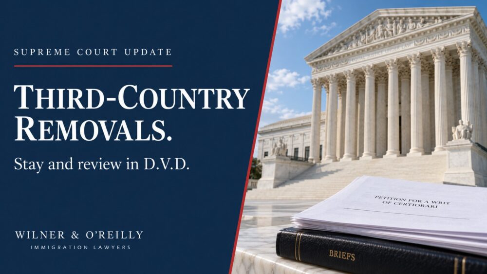 Supreme Court update on third-country removals and the stay in D.V.D., with courthouse columns and legal papers.