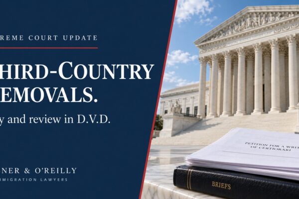 Supreme Court update on third-country removals and the stay in D.V.D., with courthouse columns and legal papers.