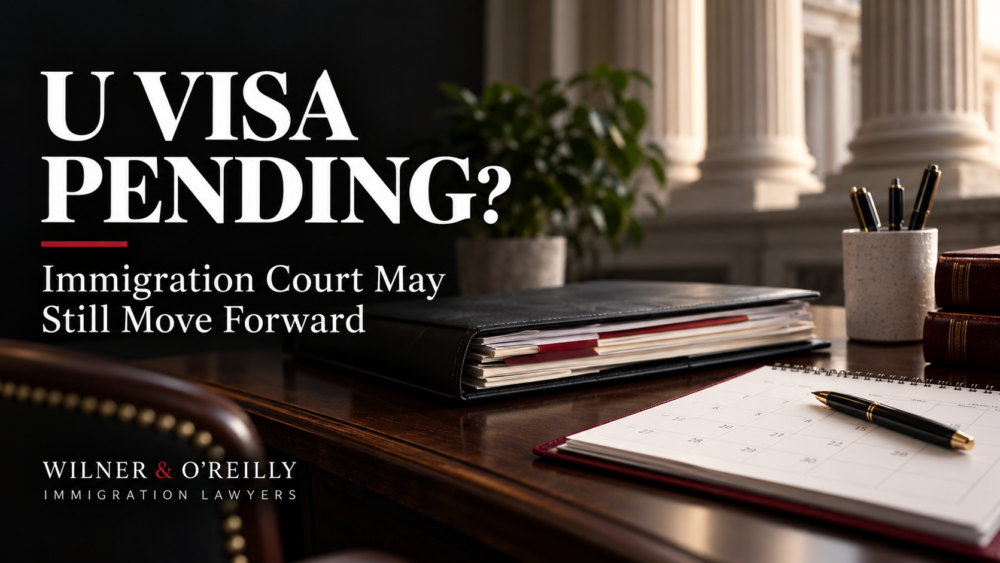 Court calendar and case folder illustrating immigration court continuances while a U visa petition is pending