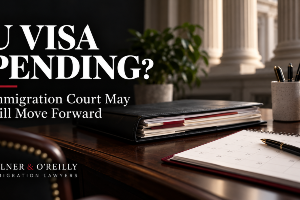 Court calendar and case folder illustrating immigration court continuances while a U visa petition is pending